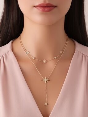 18k Gold Plated Star Lariat Necklace - Layered. New.